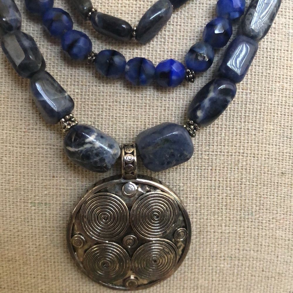 Carolee Denim Blue Sodalite and Agate Triple Strand Necklace and Pendant